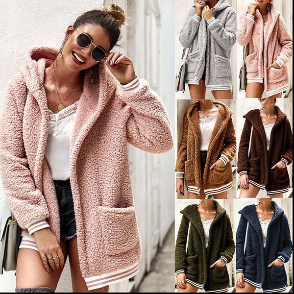 

2021 winter arrival women cotton fluffy long sleeve jacket ladies warm outerwear cardigan coat drop shipping, Black;brown