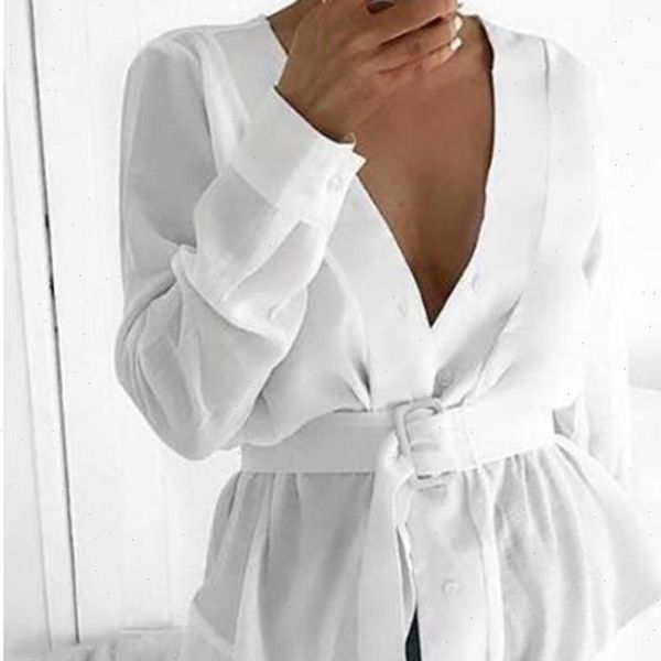 

fashion office shirt womens autumn blouse long sleeve v neck solid shirt with belt long blouse 2021 new sale, White