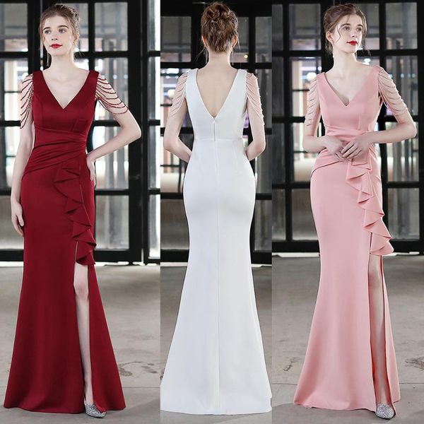 

party dresses tassels sleeveless formal evening dress double v neck mermaid women gowns tafftla ruffle floor length vestido, White;black