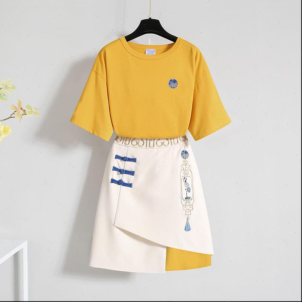 

cute long t shirt yellow dress 2 piece set women casual 2 pcs and skirt set plus size summer 2 piece, Gray