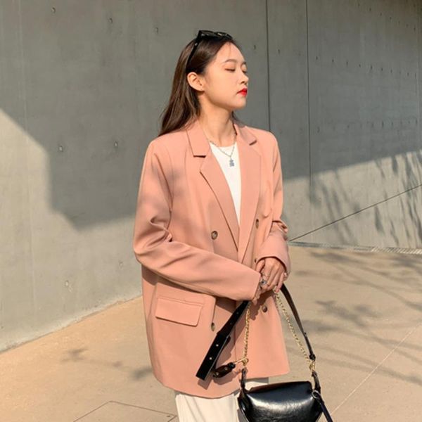 

women's suits & blazers [ewq] 2021 spring female elegante office lady notched collar long-sleeved single breasted loose pink minimalist, White;black