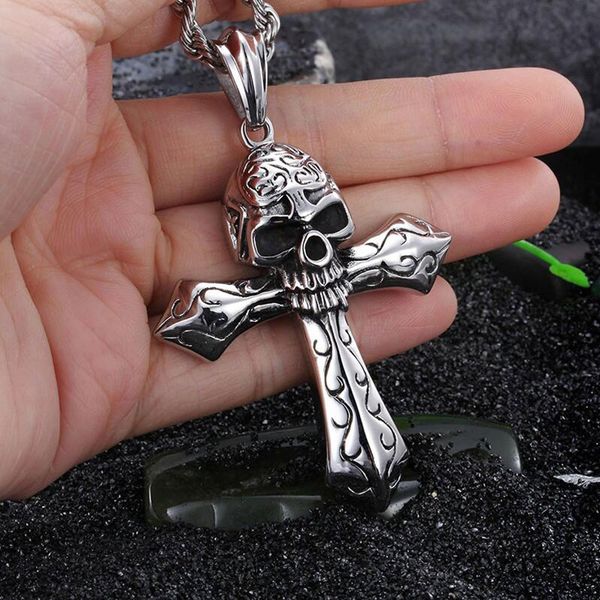 

punk cool large biker 316l stainless steel skeleton skull cross pendant mens twist rope necklace gothic jewelry 22&#39&#39 24&#34 vintage, Silver