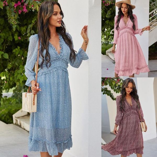 

s women dress floral print deep v neck spring long sleeve large ruffle hem midi streetwear for party casual dresses, Black;gray