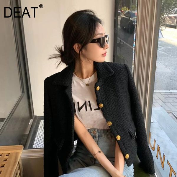 

deat] lapel collar solid black single breasted high waist tweed coat gold button mall goth high street 2021 spring gx691, White;black
