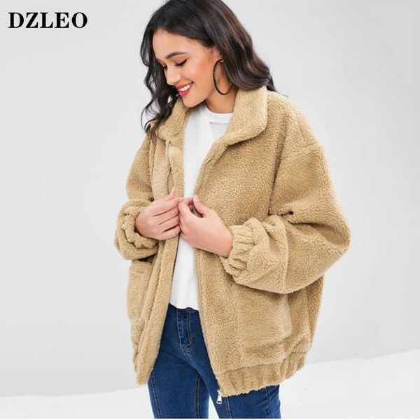 

women's fur & faux dzleo long sleeve zip up plush jacket coat women fashion solid color with pockets warm collar, Black