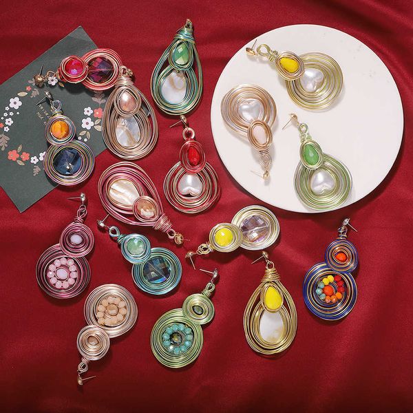 

bohemian creative spiral new fashion beaded terrazzo bar earrings, Silver
