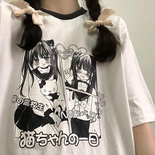 

women's t-shirt cute cartoon sweet girls japan streetwear harajuku summer pink fun kawaii casual vintage loose women e girl, White