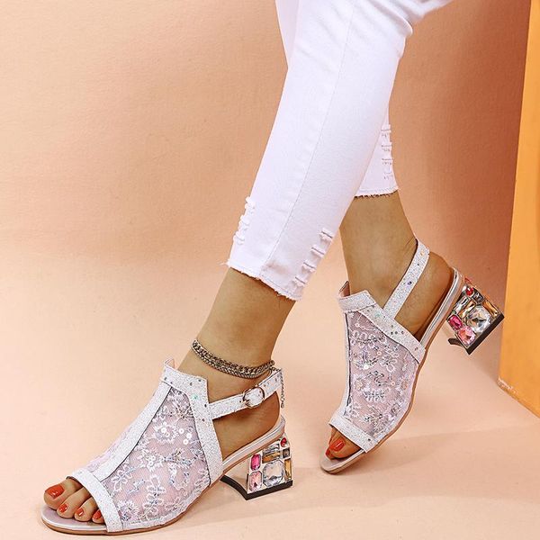 

sandals women summer shoes 2021 fashion mesh embroidered solid outer wear shallow crystal square heel slides, Black