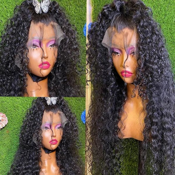 

soft 180 density long kinky curly black lace front wig for black women babyhair preplucked middlle part natural hairline glueless, Black;brown