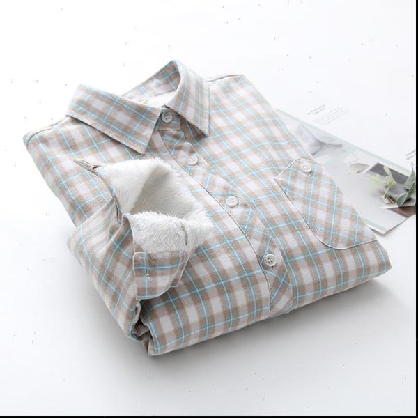 

women winter velvet thick keep warm plaid blouses long sleeve buttons pocket shirt feminine shirts checked shirt women, White