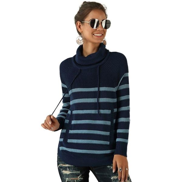 

women's sweaters women long sleeve turtleneck high collar sweater drawstring striped knitted, White;black