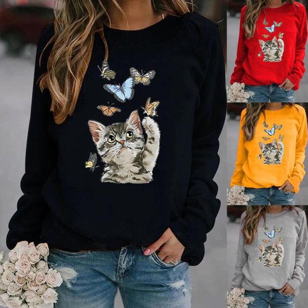 

women's hoodies & sweatshirts women hoodie cat catching butterflies printed fleece long sleeve o neck loose sweatshirt girls pullovers, Black