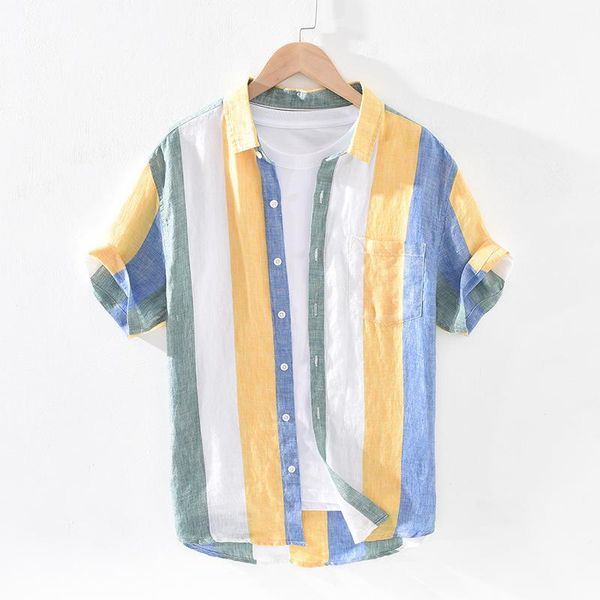 

men's casual shirts 1709 men summer fashion japan style bright color striped short sleeve single breasted pure linen male, White;black
