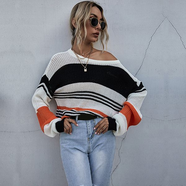 

2021 casual striped knitted o-neck oversized jumper girls fashion new arrivals autumn vintage women sweater a03u, White;black