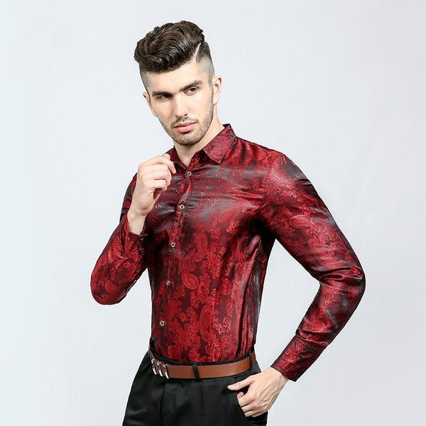 

men's casual shirts fashion men bright silk slim fit long sleeve floral dress shirt 50 &, White;black