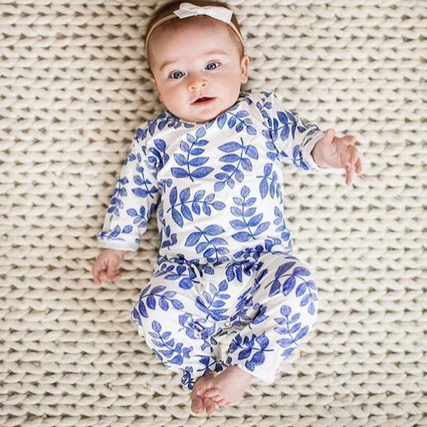 

jumpsuits baby boys girls romper spring cotton long sleeve leaves prints jumpsuit infant clothing autumn born clothes 0-21m, Blue