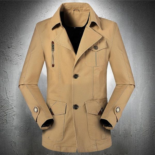

men's trench coats men coat spring autumn long turn down collar lightweight tactical jacket smart casual business 2021, Tan;black