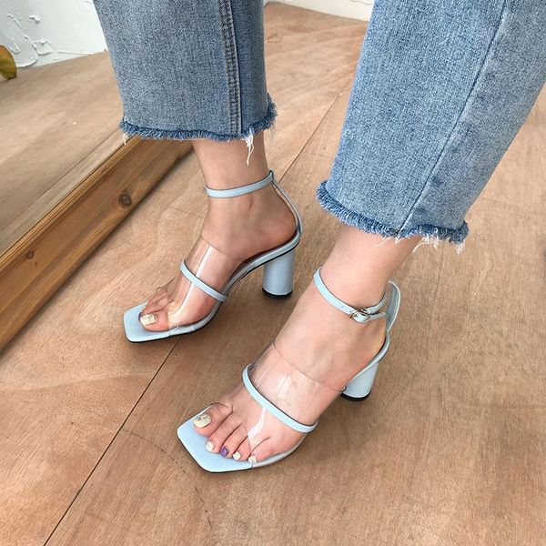 

plastic sandal square toe comfort shoes for women all-match buckle strap high heels suit female beige 2021 summer transparent ne, Black