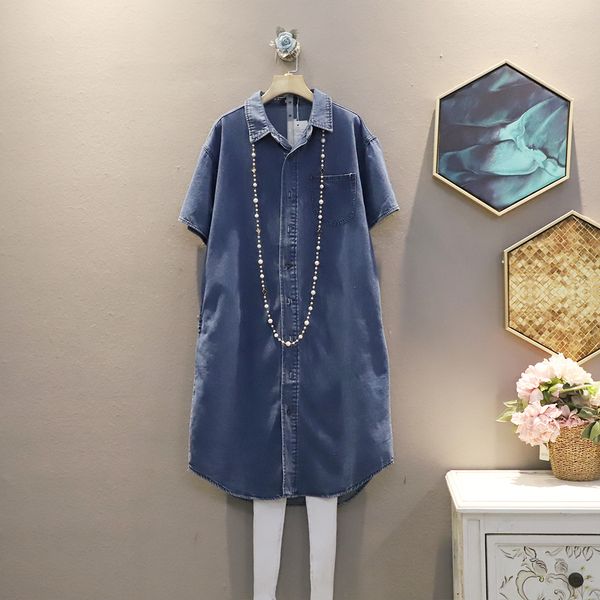 

2021 summer new fashion solid turn down collar loose denim medium-length short-sleeved shirt cardigan womens 9lc8, White;black