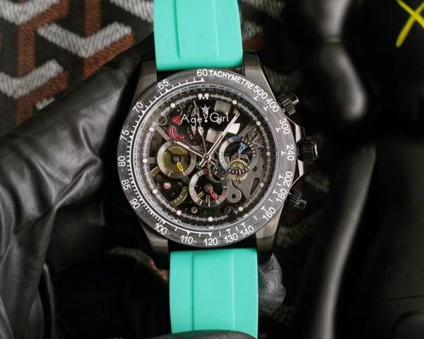 

wristwatches men automatic mechanical full black stainless steel skeleton sapphire red green rubber luminous watch, Slivery;brown