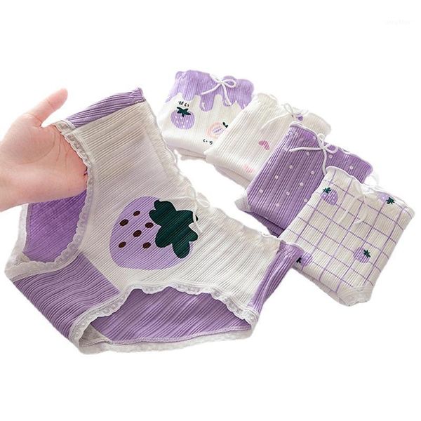 

women's panties 5pcs/set lavender purple strawberry print cotton underwear women mid-waist lace briefs ruffle panty set kawaii lingerie, Black;pink