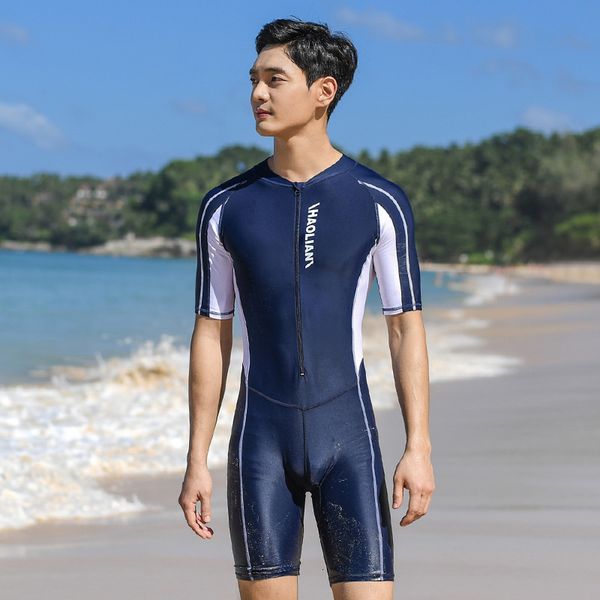 

2020 new sunscreen men's trunks haolian 5-point swimming suit quick drying one-piece swimsuit, White;black