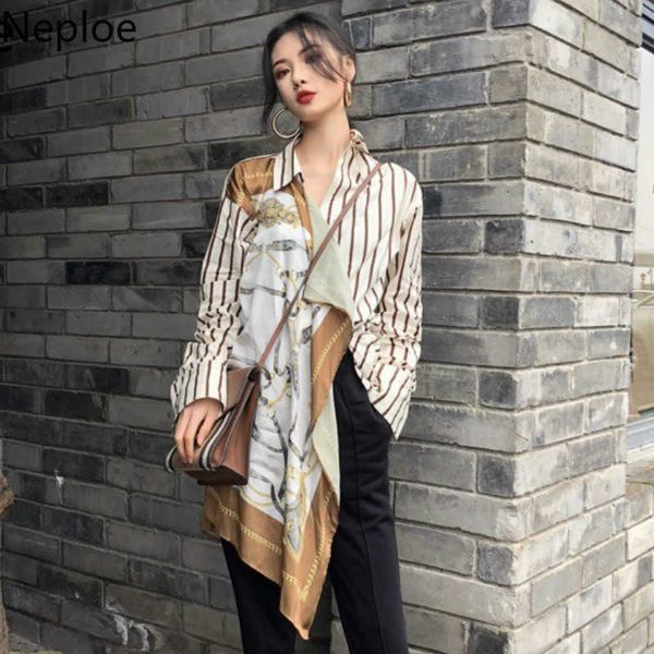 

neploe striped shirts women summer 2021 new turn-down collar long sleeve blouse fashion patchwork sashes ladies 43816 sh190803, White