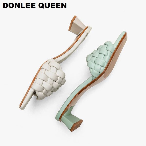 

fashion weave slippers women low heels slides elegant mule shoes women sandals brand sandalias mujer 2020 new slipper flip flops, Black