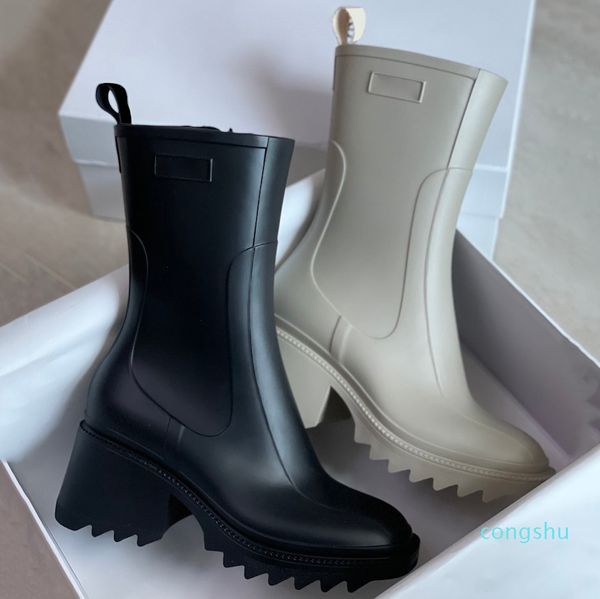 

2021 women betty boots pvc rubber beeled platform knee-high tall rain boot black waterproof welly shoes outdoor rainshoes high heels