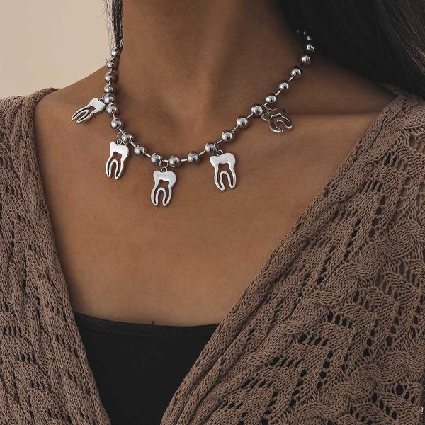 

fashion jewelry personality creative round bead clavicle neck chain minimalist trendy alloy teeth necklace fem, Silver