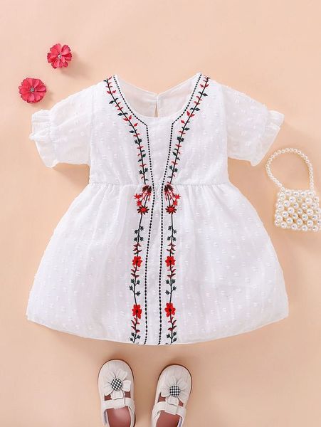 

baby floral embroidery ruffle swiss dot dress she, Red;yellow