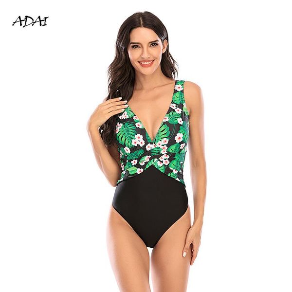 

one piece swimwear women 2021 green floral print backless bodysuit monokini v neck swimsuit beach wear swimming suit