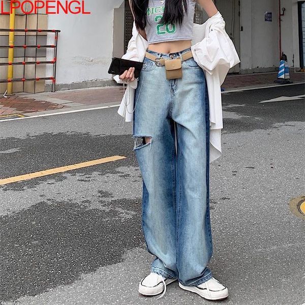 

women's jeans autumn women retro pure cotton high-waist straight-leg 2021 casual fashion harajuku bf ripped pants streetwear mom washed, Blue