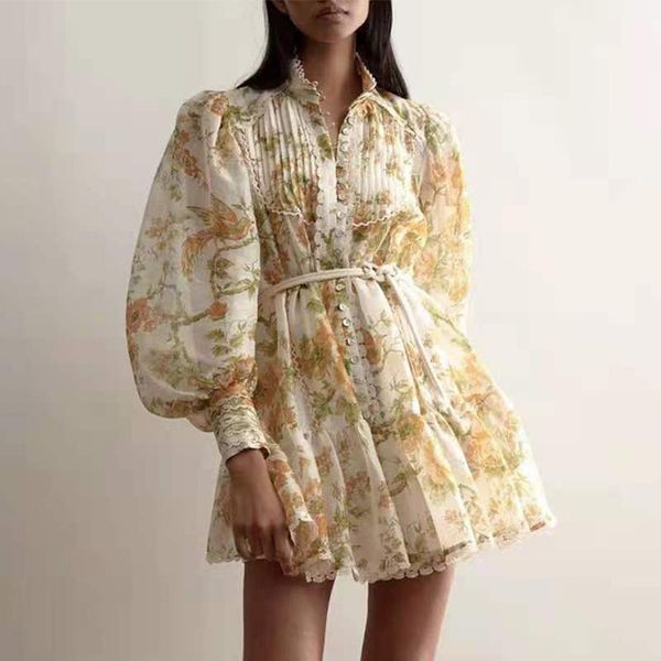 

casual dresses women floral vintage summer dress stand collar long lantern sleeve high waist sashes mini, Black;gray