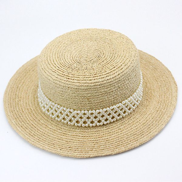 

2021 new classical ladies sun hats luxury pearl band handwoven fine raffia women summer boater panama beach hat wide brim fedora df8n, Blue;gray