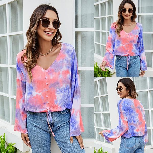 

women's t-shirt european and american fashion tie-dye spring autumn casual small shirt loose long-sleeved single-bre, White