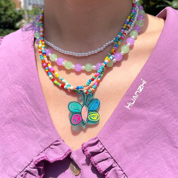 

pendant necklaces hz 2021 rainbow flowers butterfly sunflower colorful bead double layer necklace for women trendy jewelry gift, Silver
