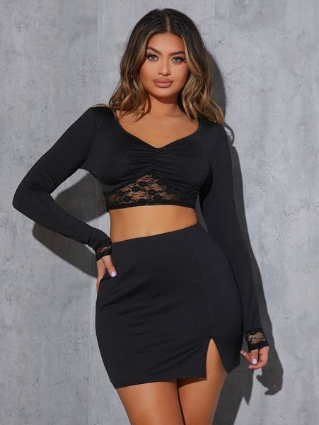 

sxy lace trim ruched crop & split hem bodycon skirt g9rx#, White