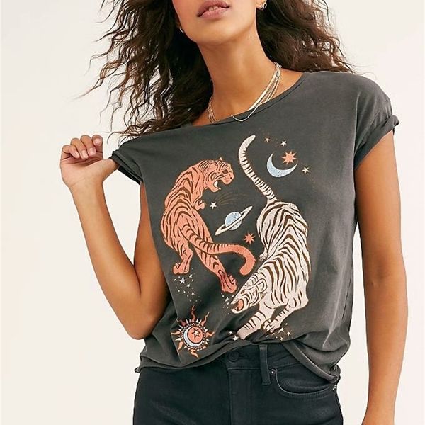 Boho inspiriertes Retro-T-Shirt für Damen, Tiger-Druck, grafische T-Shirts für Damen, Sommer-T-Shirt für Damen, Mode für Damen, Boho-Grafik-T-Shirt 210306