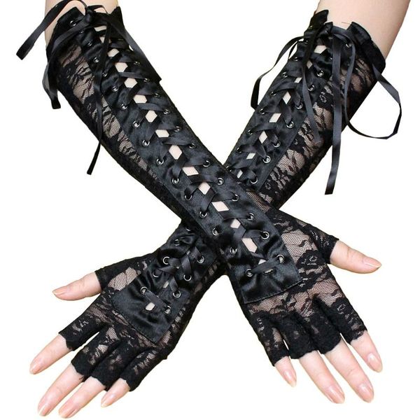 

lace strap gloves long style temptation ribbon rivet half finger etiquette ball glove nightclub, Blue;gray