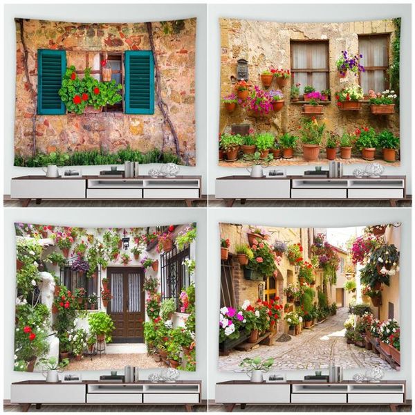 

tapestries european style street flower tapestry plant floral retro brick wall garden decor hanging natural landscape mural