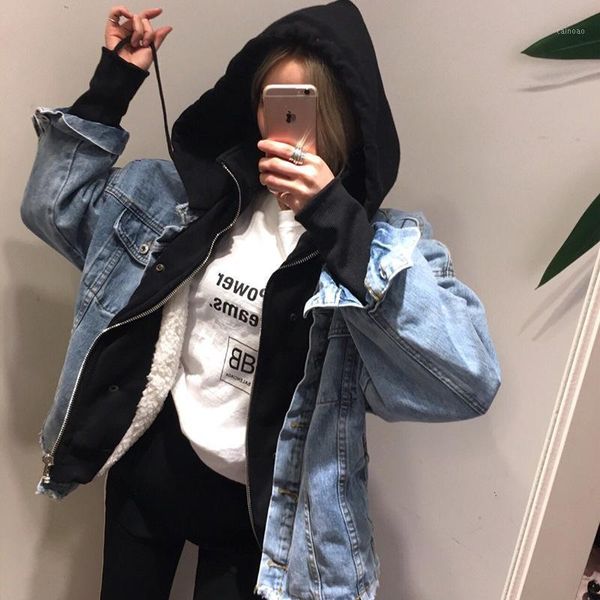 

women's down & parkas korean fake two handsome woolen liner denim stitching zipper hooded thickened cotton coat female, Black