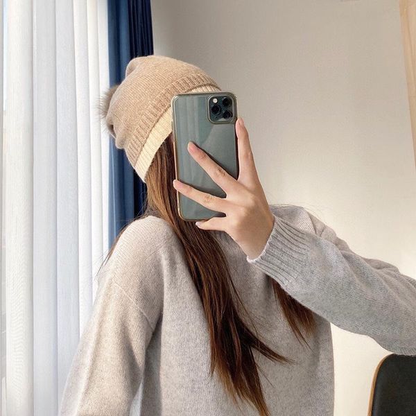 

autumn and winter new pure color simple and cute fur ball hit color brim casual cashmere hat, Blue;gray