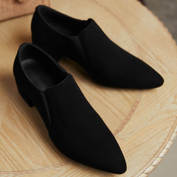 

womens natural suede leather pointed toe elastic slip-on pumps low heel comfortable female ol style casual daily footwear shoes, Black