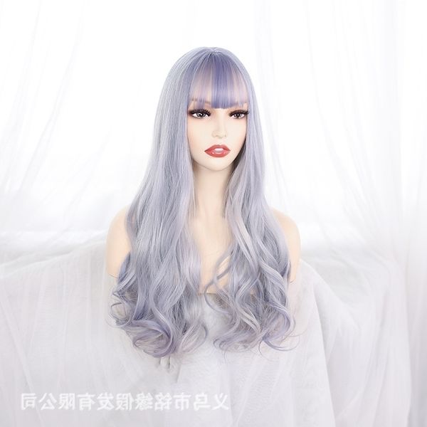 

curly wig female long hair wind full head wig set air bangs gradient wigs, Black