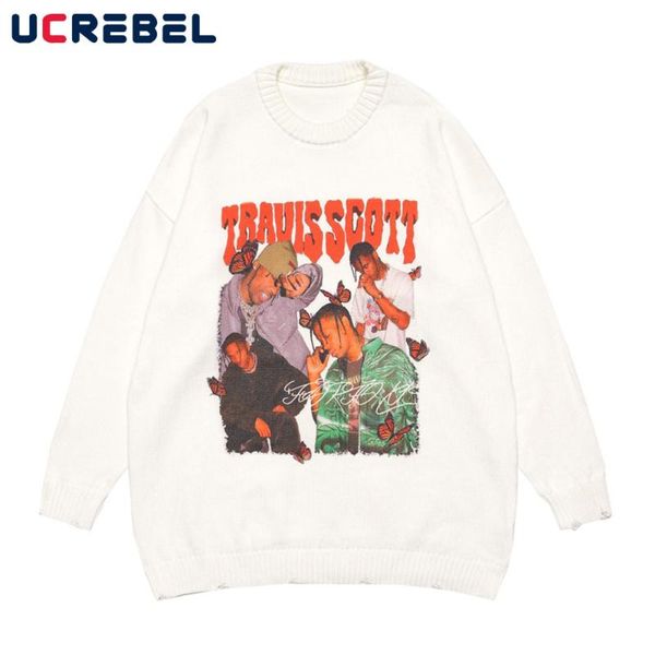 

men's sweaters portrait print sweater mens high street autumn rock rap knitted streetwear casual loose crew neck pullover men, White;black