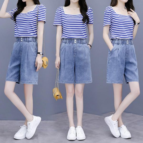 

women's tracksuits real s female summer thin section striped denim shorts high waist lce silk wide leg five-point pants suit, Gray