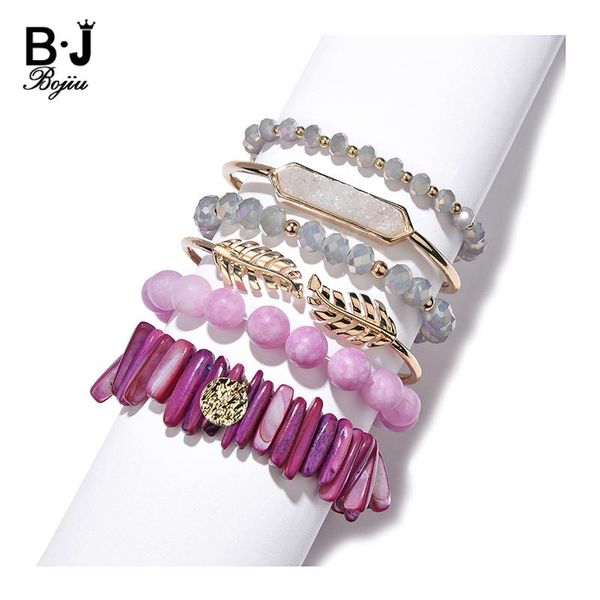 

charm bracelets fashion women multi layer & bangles natural stone shell crystal golden leaf druzy open set bcset322, Golden;silver