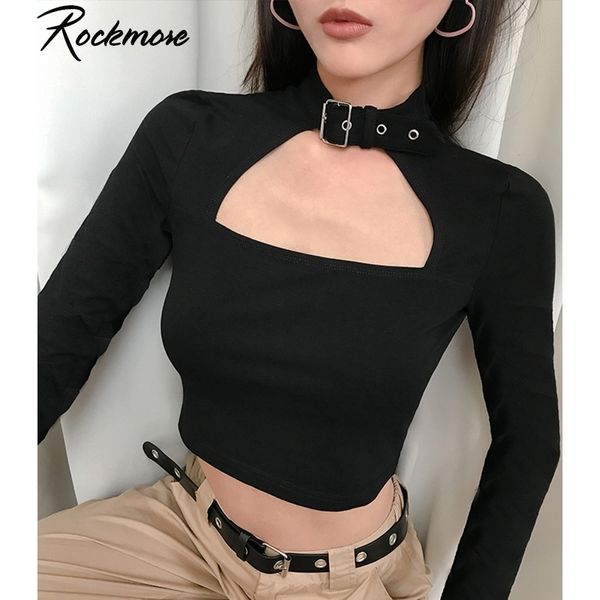 

rockmore buckle halterneck womens t shirt harajuku long sleeve crop streetwear basic tshirt women tight tees shirts 210311, White