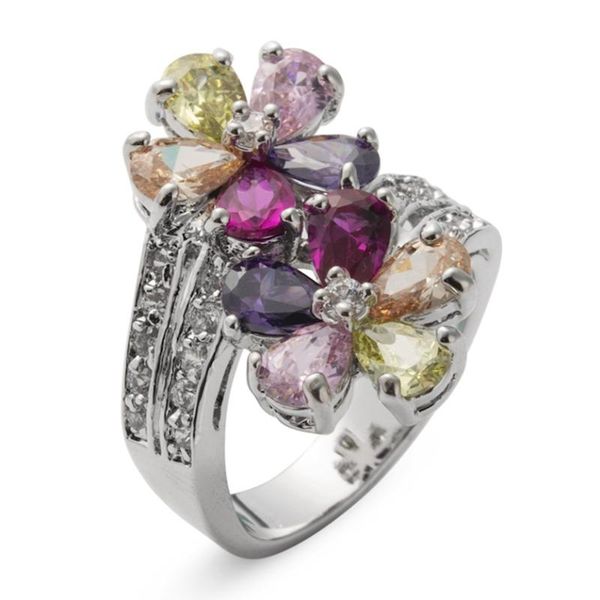 

cluster rings fleure esme wedding for men and noble women peridot pink morganite purple cubic zirconia rhodium plated r504 size 6-13, Golden;silver